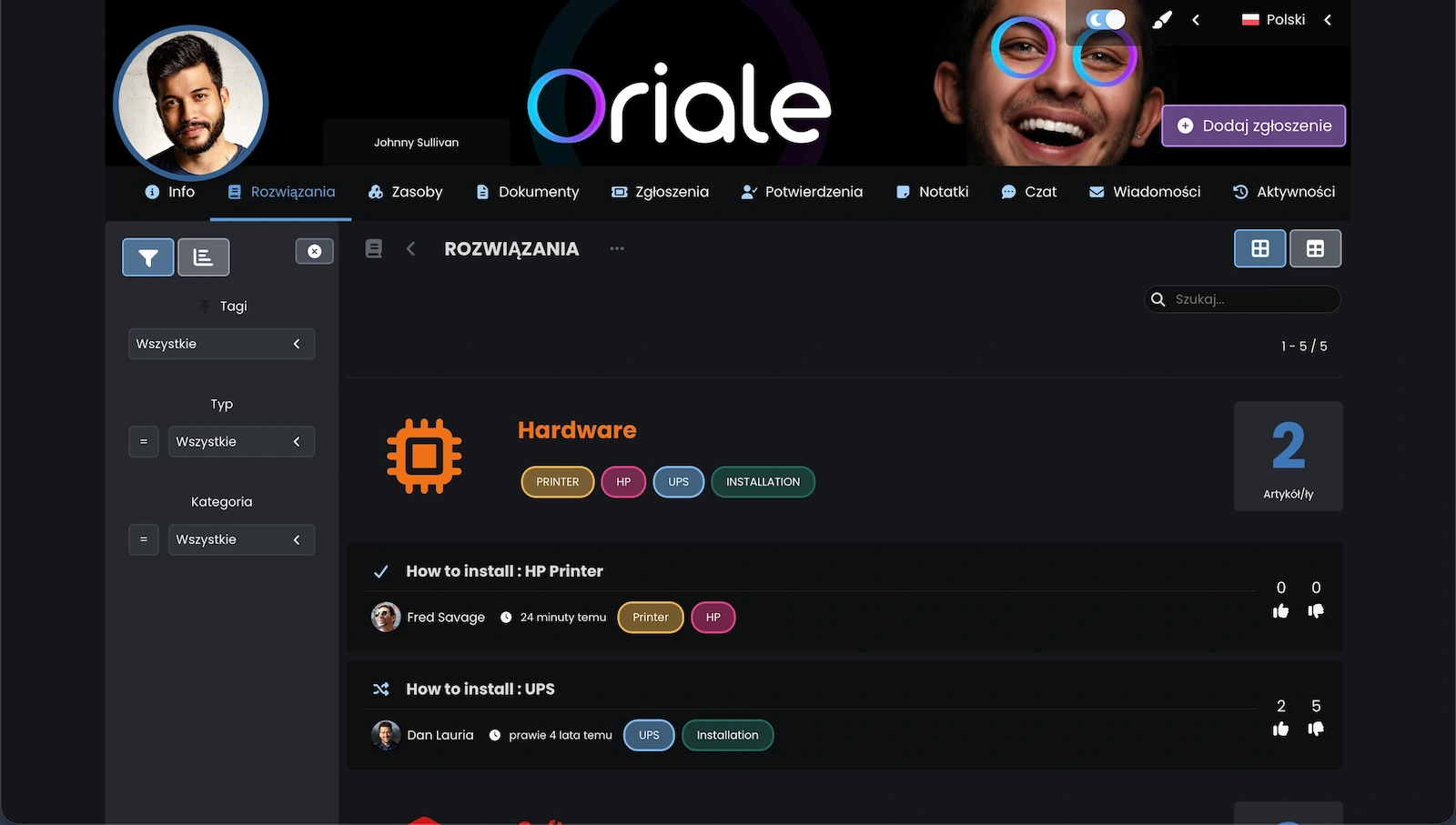 Zrzut ekranu pokazujący bazę wiedzy na portalu klienta.