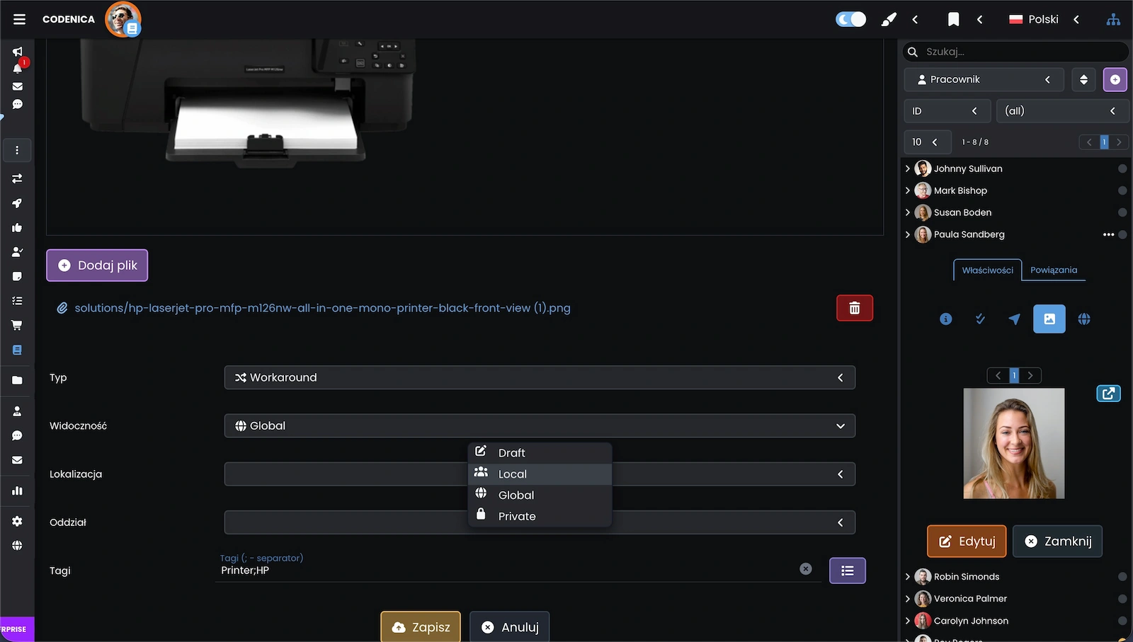 Zrzut ekranu pokazujący opcje widoczności artykułów.