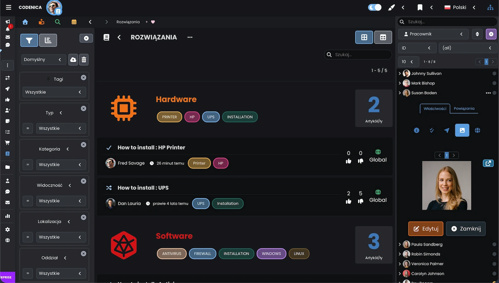 Zrzut ekranu pokazujący bazę wiedzy.