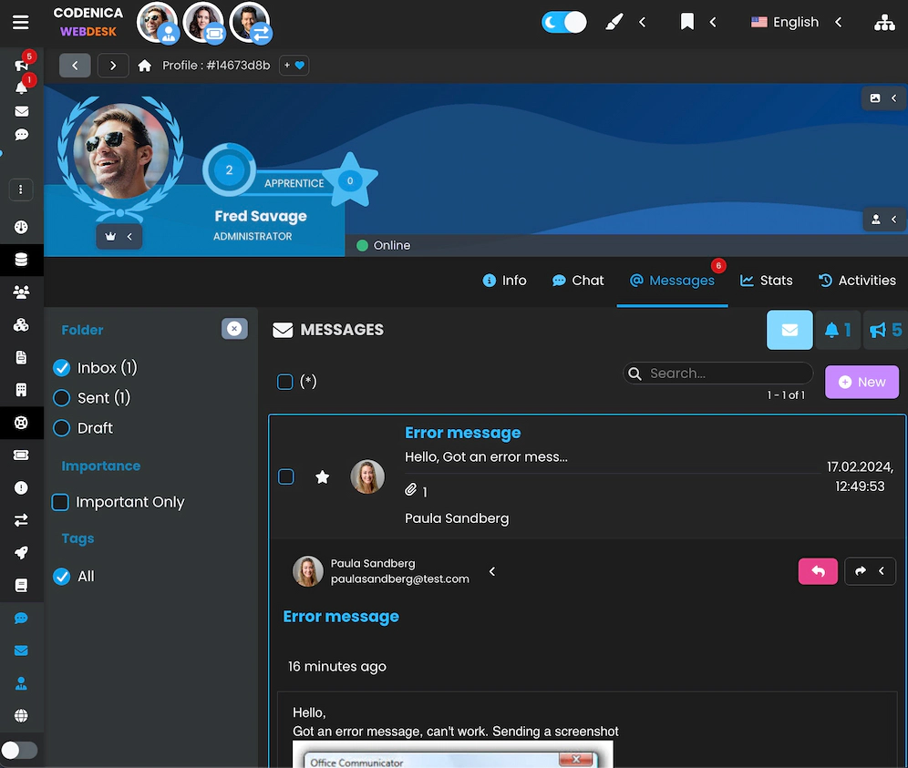 Zrzut ekranu pokazujący otwartą wiadomość.