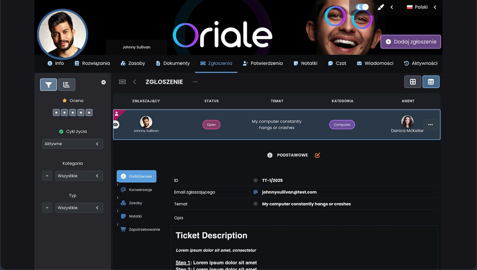 Zrzut ekranu pokazujący zgłoszenie w widoku tabeli na portalu klienta.