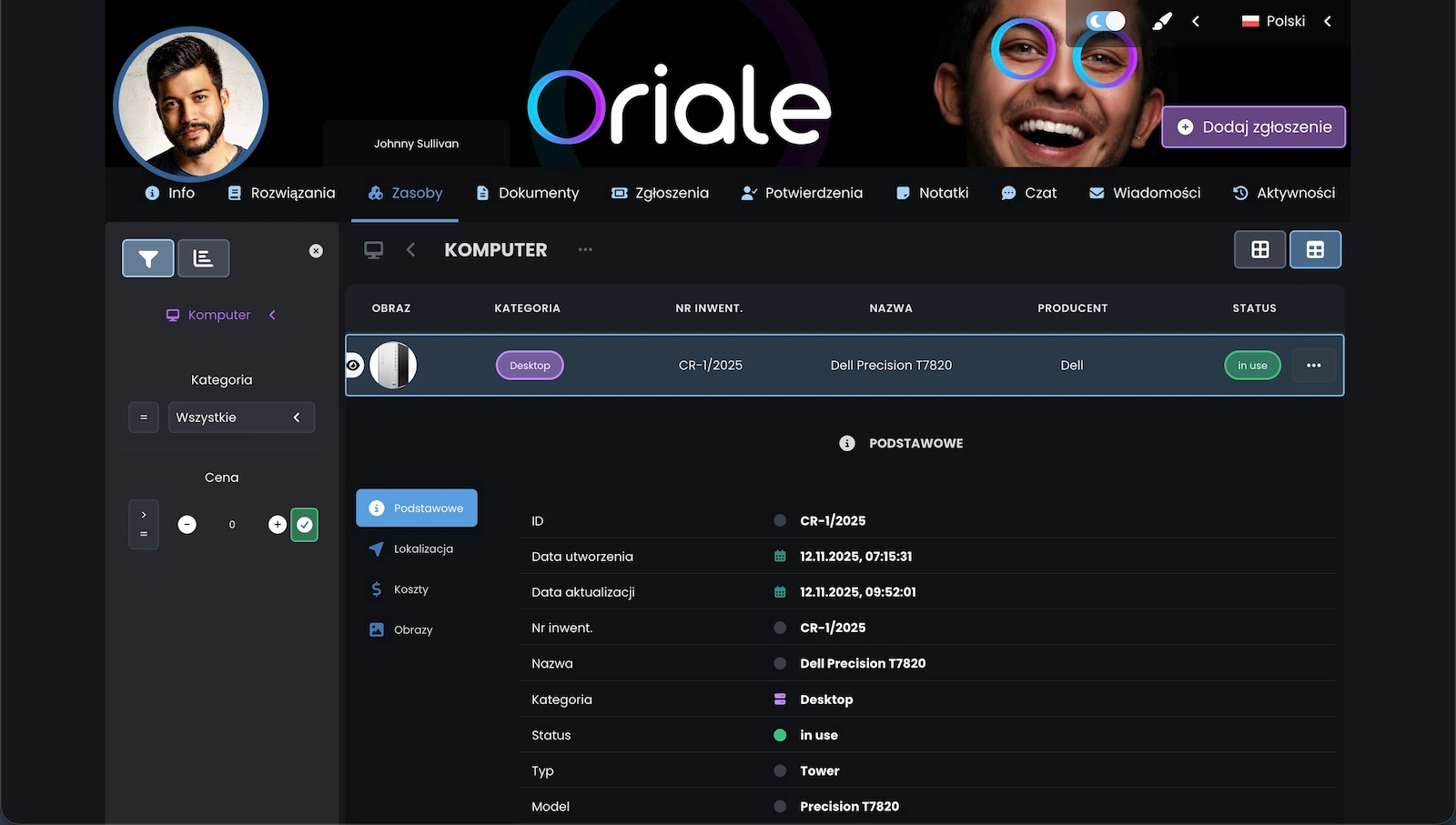 Zrzut ekranu pokazujący zasoby przypisane do zgłoszenia.