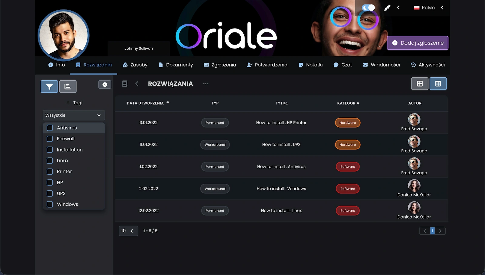 Zrzut ekranu pokazujący artykuły Bazy wiedzy z zastosowanym filtrem.