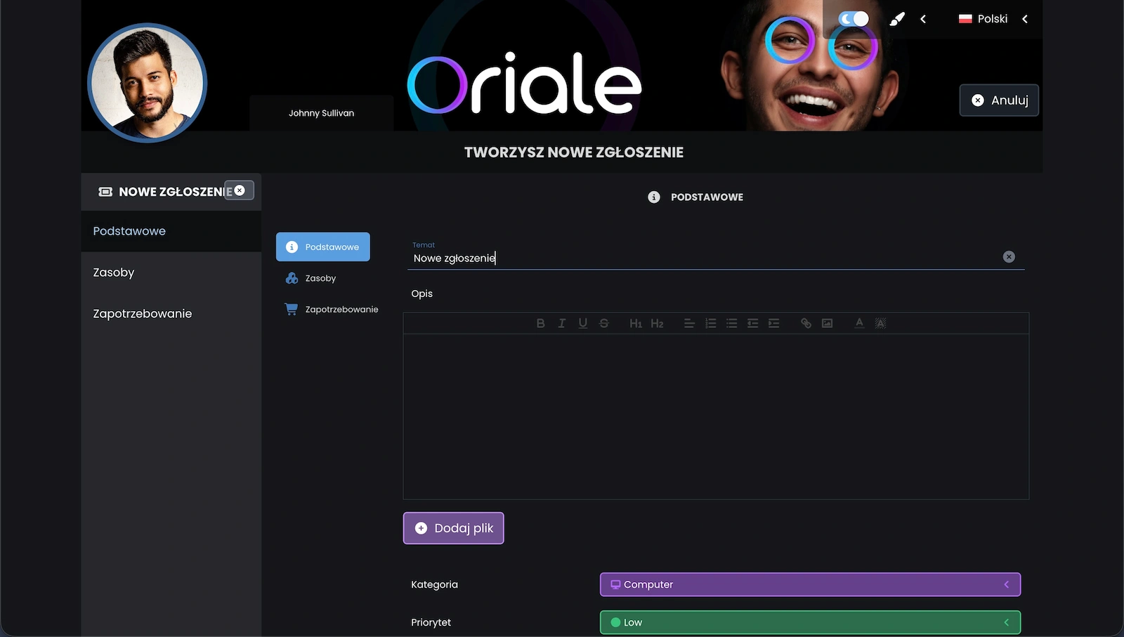Zrzut ekranu prezentujący tworzenie nowego zgłoszenia.