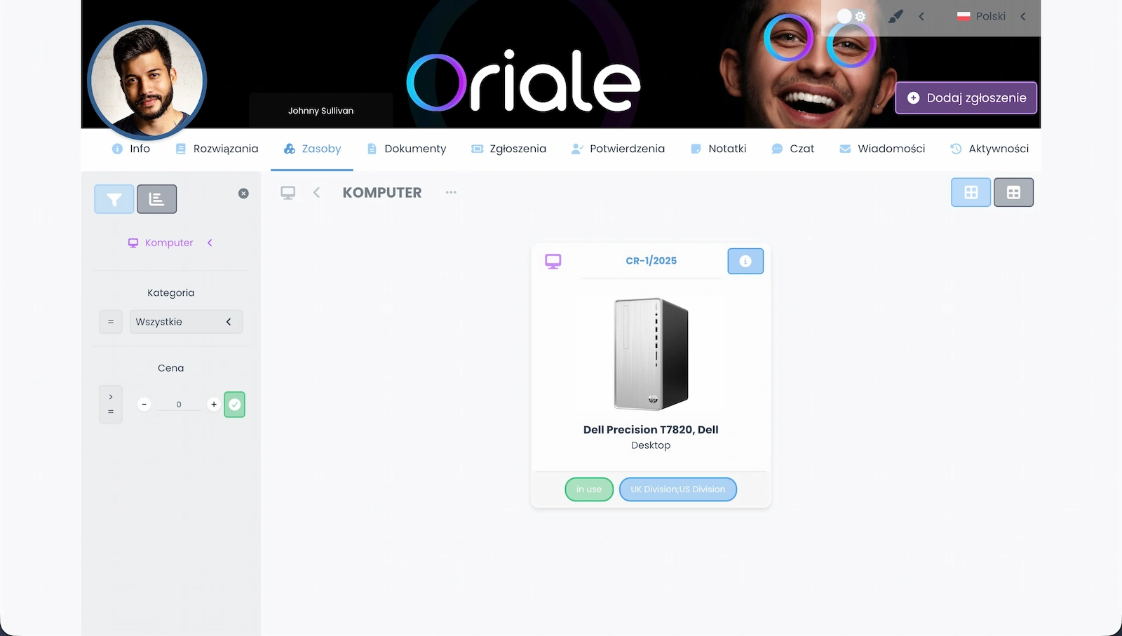 Zrzut ekranu pokazujący przypisane zasoby klientowi lub pracownikowi.