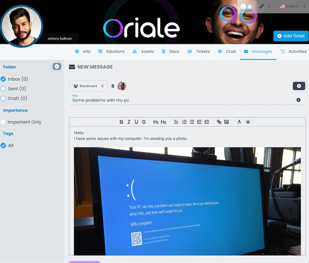 Zrzut ekranu przedstawiający tworzenie nowej wiadomości w portalu klienta.