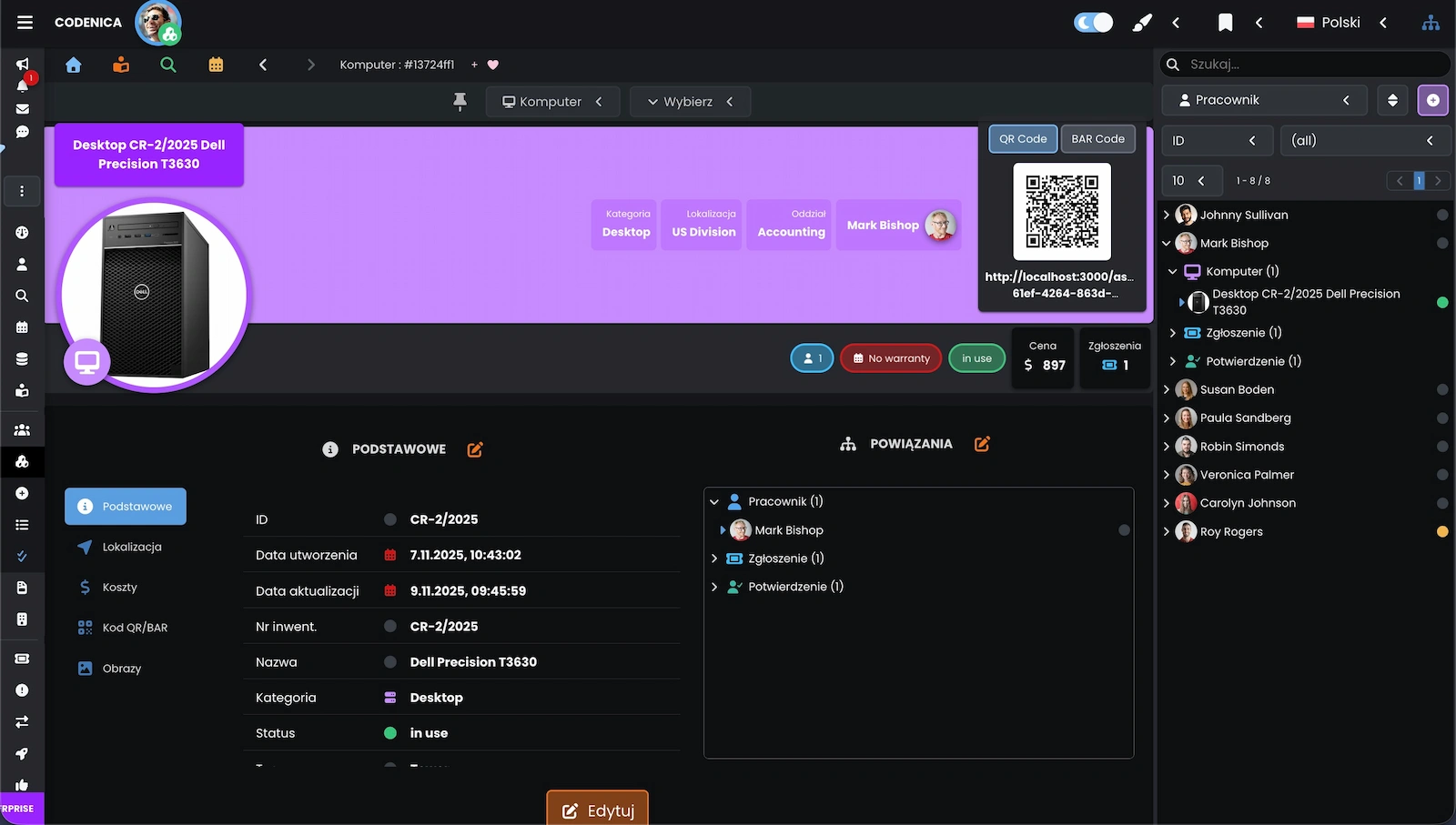 Zrzut ekranu ilustrujący układ widoku tabeli elementów.