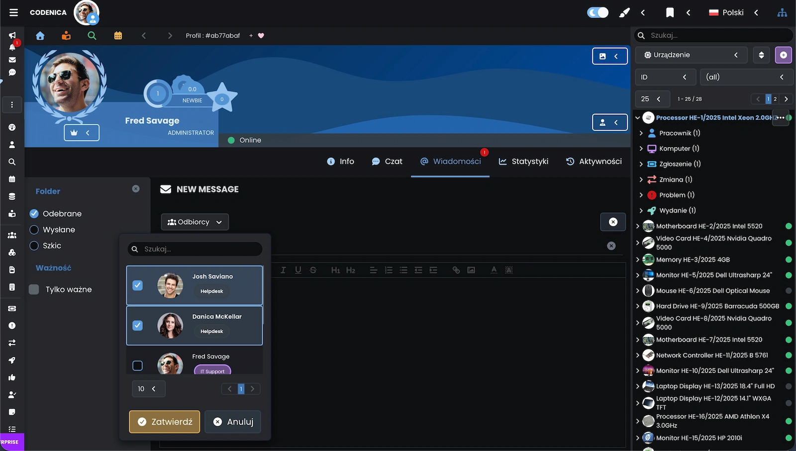 Zrzut ekranu pokazujący tworzenie nowej wiadomości z wieloma odbiorcami