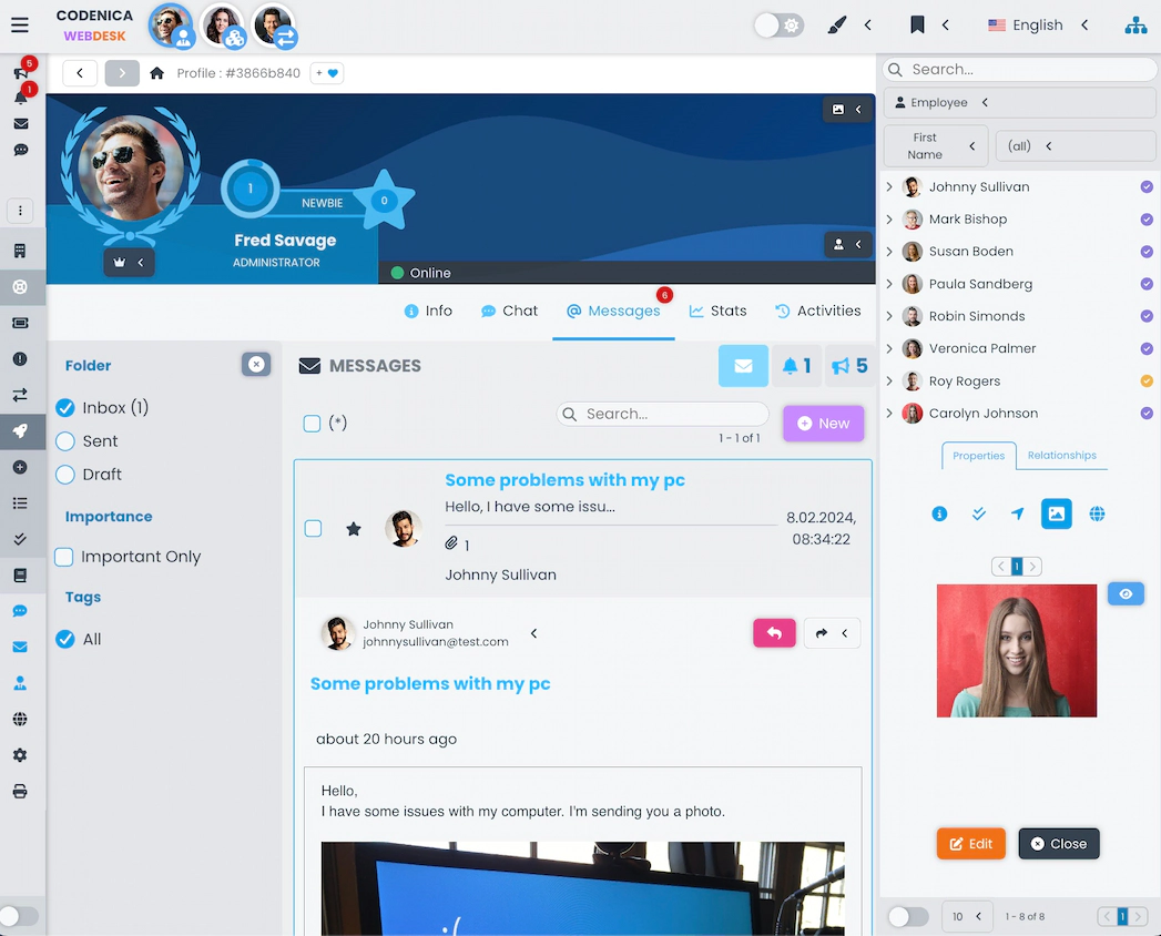Zrzut ekranu przedstawiający zintegrowany system wiadomości w oprogramowaniu Codenica.