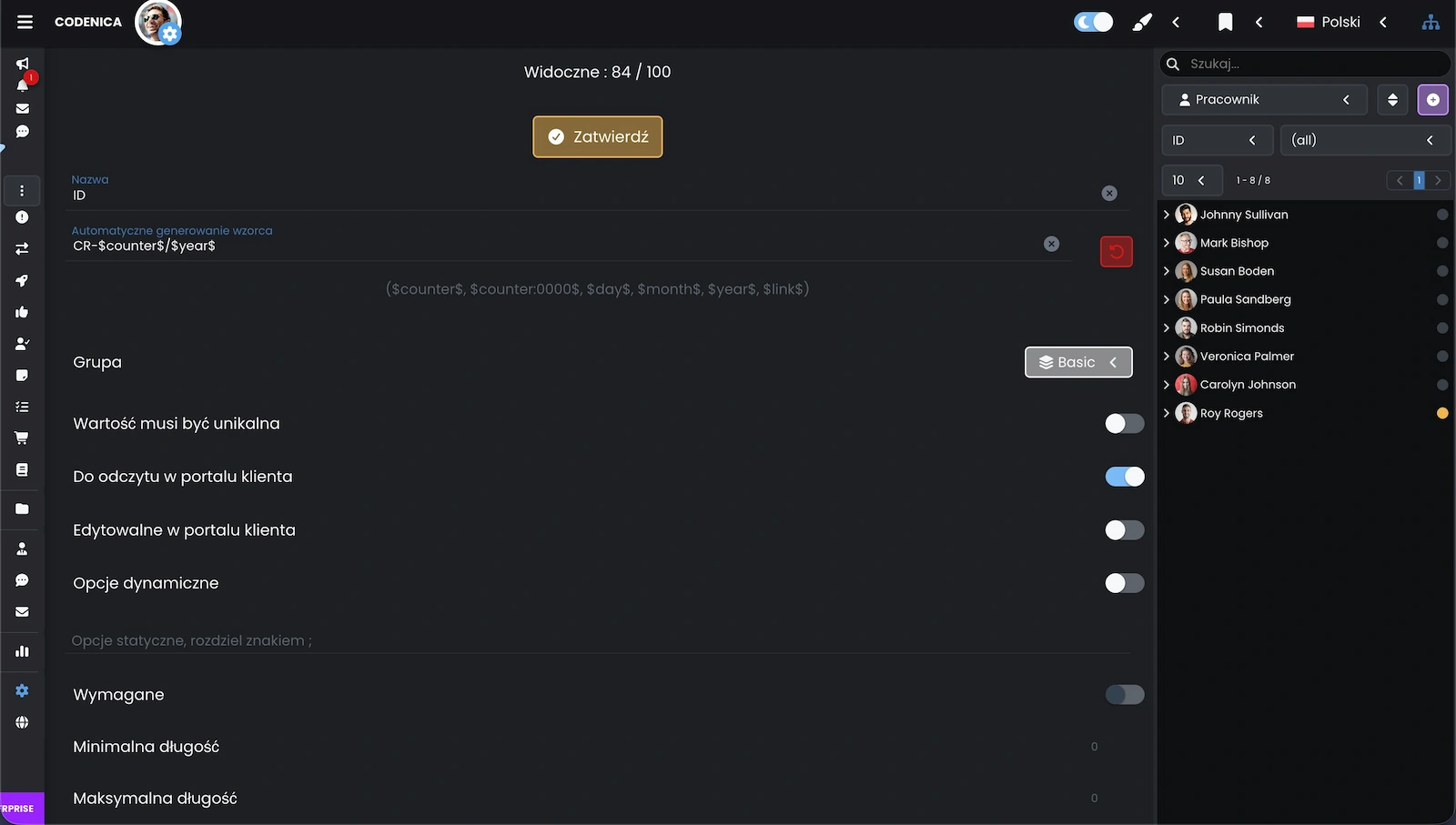 Zrzut ekranu przedstawiający ustawienia dostosowywania ikony, koloru i właściwości elementu.
