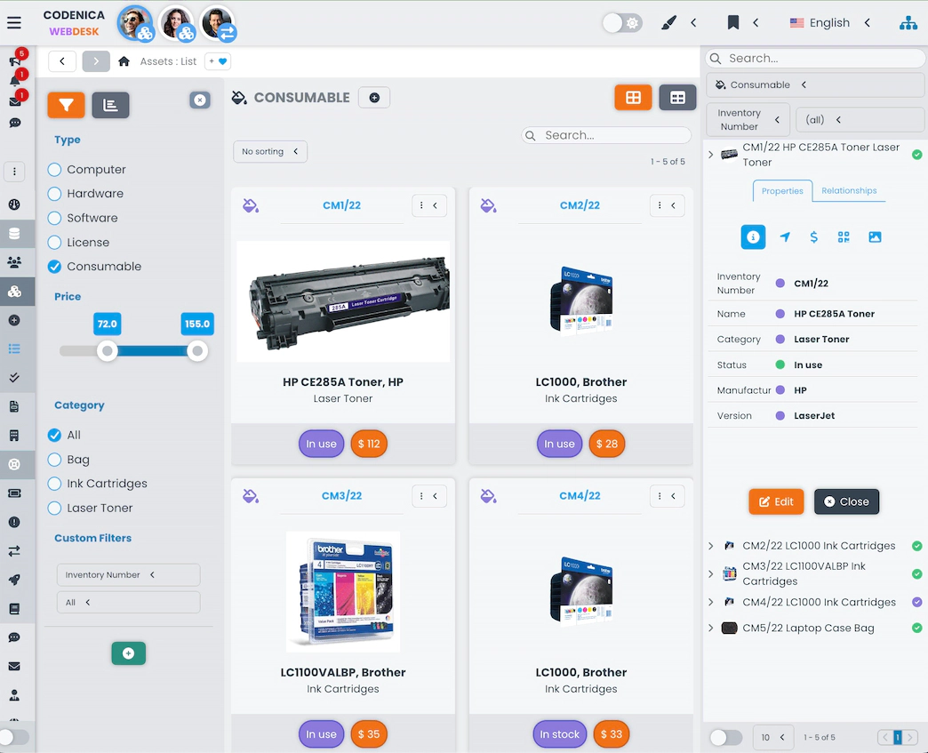 Zrzut ekranu przedstawia zasoby w ewidencji