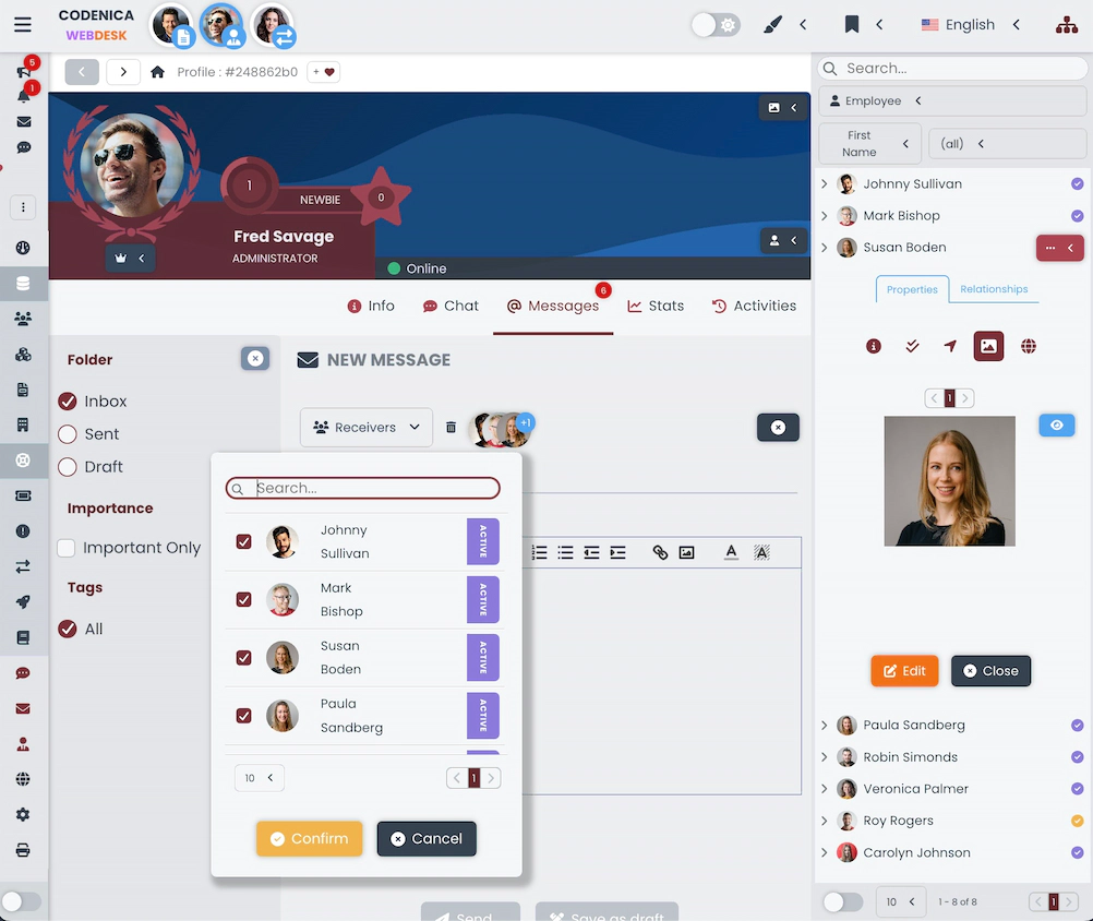 Zrzut ekranu pokazujący tworzenie nowej wiadomości z wieloma odbiorcami