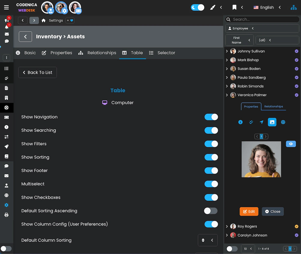 Zrzut ekranu przedstawiający opcje dostosowywania widoku tabeli i selektora.